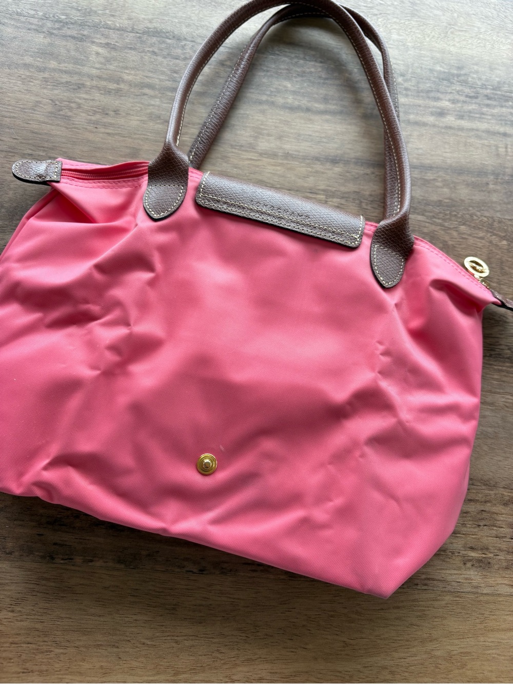 Longchamp Le Pliage Pink/Coral Nylon Tote with Brown Leather Trim - Picture 7 of 15